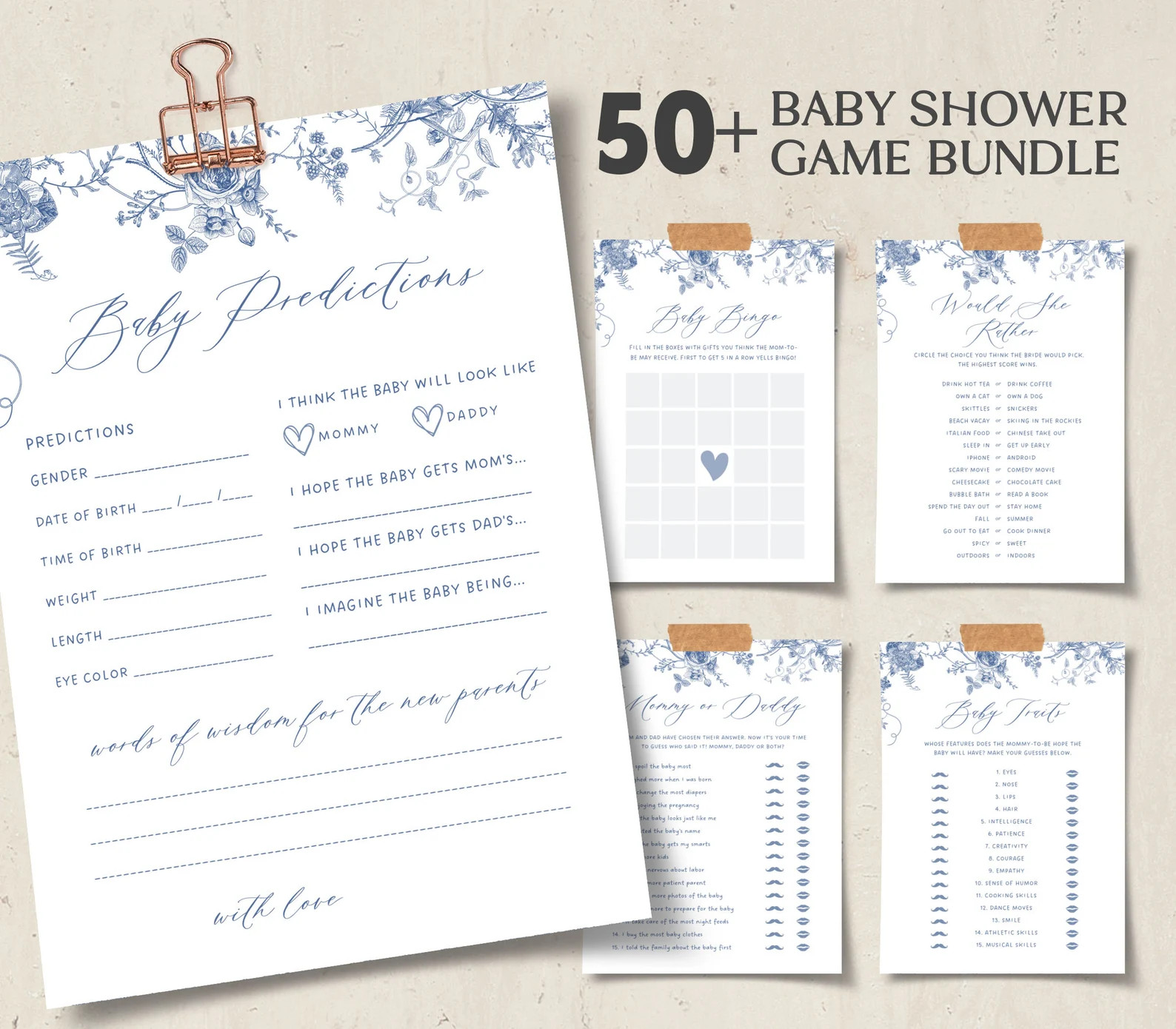 Dusty Blue Baby Shower Game Bundle, Party Games Pack, Vintage Floral Baby Shower, Victorian Chino... | Etsy (US)