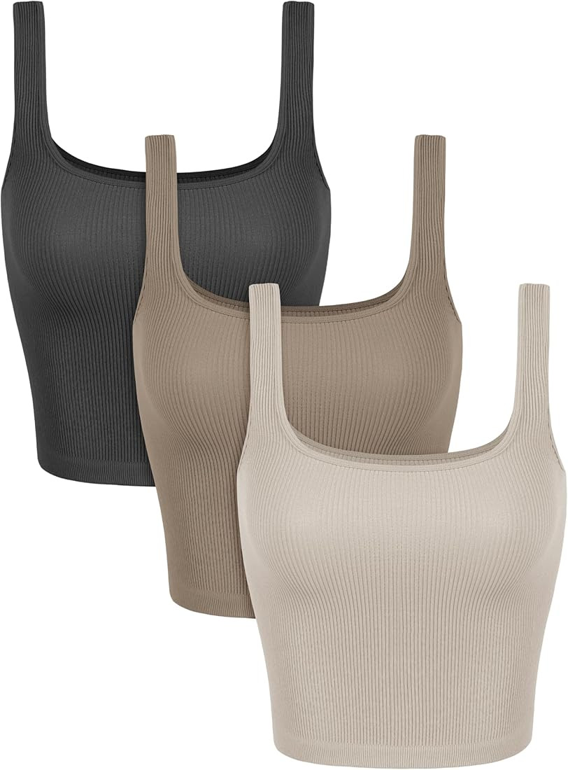 ODODOS 3-Pack Seamless Square Neck Crop Tank for Women Ribbed Knit Soft Low Back Cropped Tops | Amazon (US)