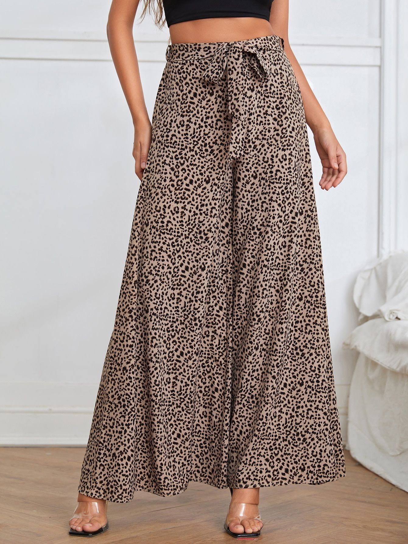 SHEIN Clasi Leopard Print Belted Wide Leg Pants | SHEIN