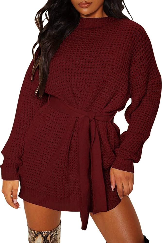 Women's Long Sleeve Solid Color Waffle Knitted Tie Wasit Tunic Pullover Sweater Dress | Amazon (US)