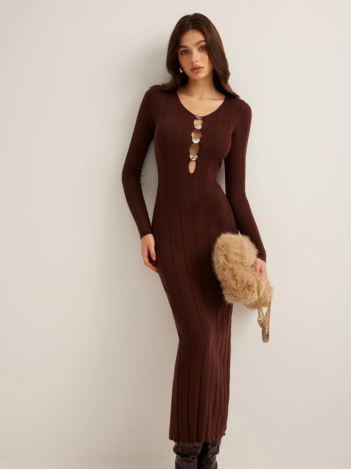 Cutout Slim Sweater Long Dress | Commense