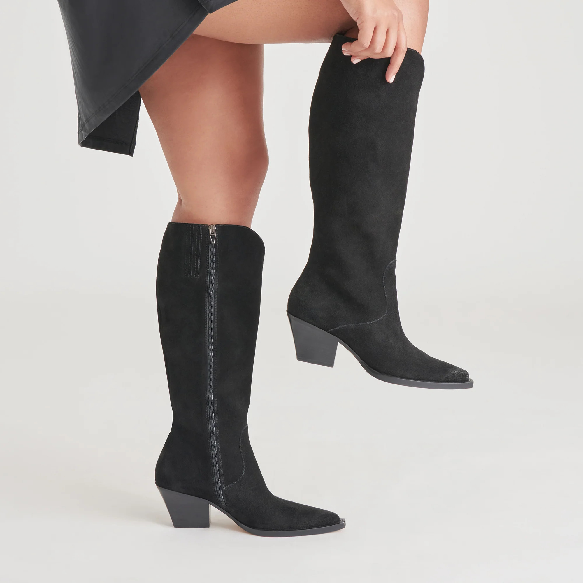 RAJ Wide Calf Boots Onyx Suede | Women's Onyx Suede Knee-High Boots | DolceVita.com