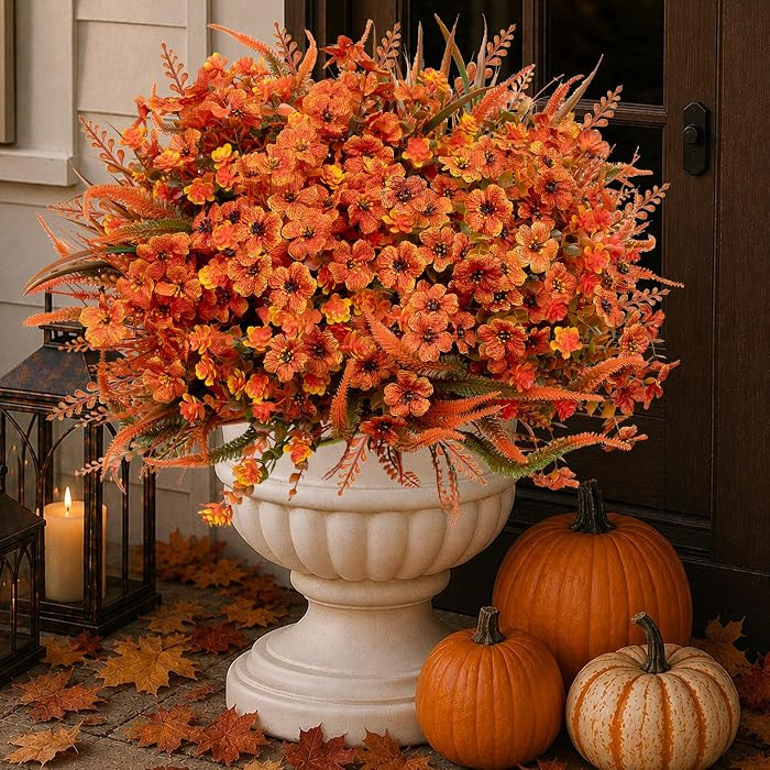 AXYLEX Artificial Fall Flowers Outdoor Fake Mums (OrangeGreenGrass, 16) | Amazon (US)