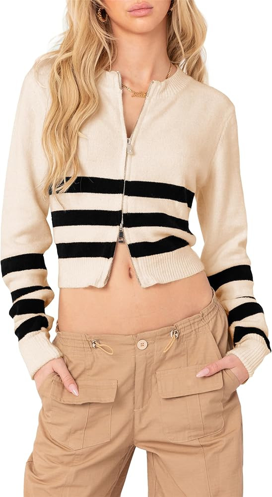 Saodimallsu Womens Cropped Cardigan Sweater V Neck Striped Zip Up Fitted Sweaters Trendy Long Sle... | Amazon (US)