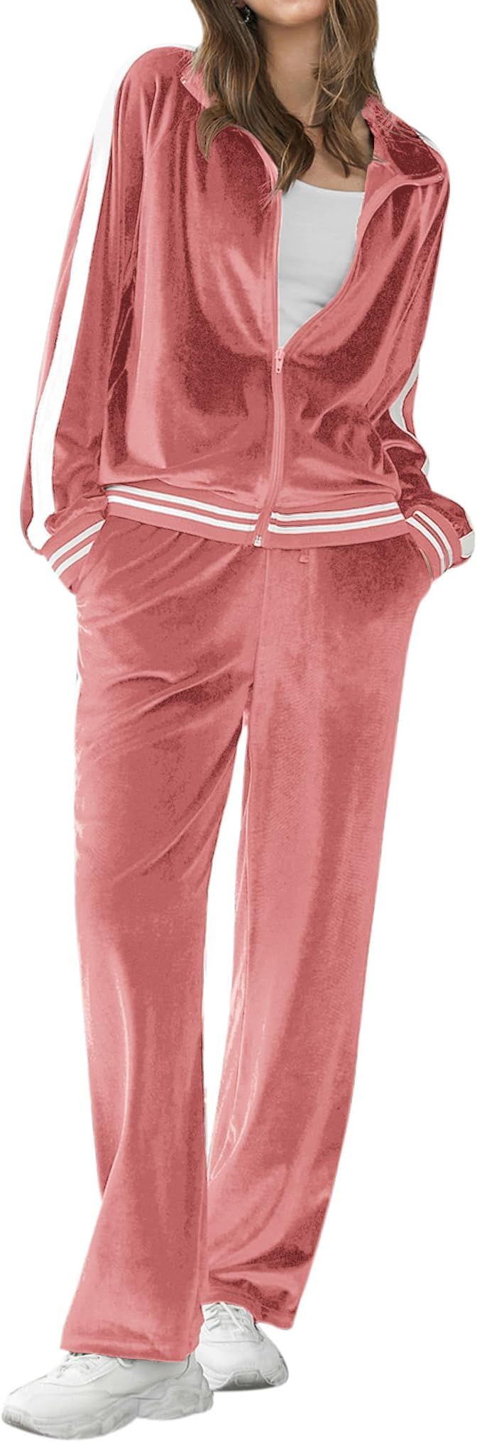 Ekouaer Women's Velvet Velor Tracksuits 2 Piece Lounge Outfits Zip Up Sweatshirt and Sweatpants w... | Amazon (US)