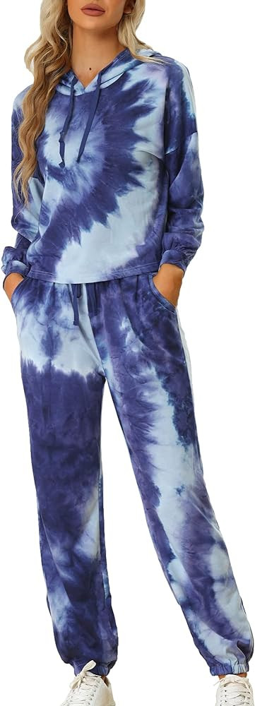 Allegra K Women's 2 Piece Sweatsuits Tie Dye Pullover Hoodie Drawstring Jogging Tracksuit Sports ... | Amazon (US)