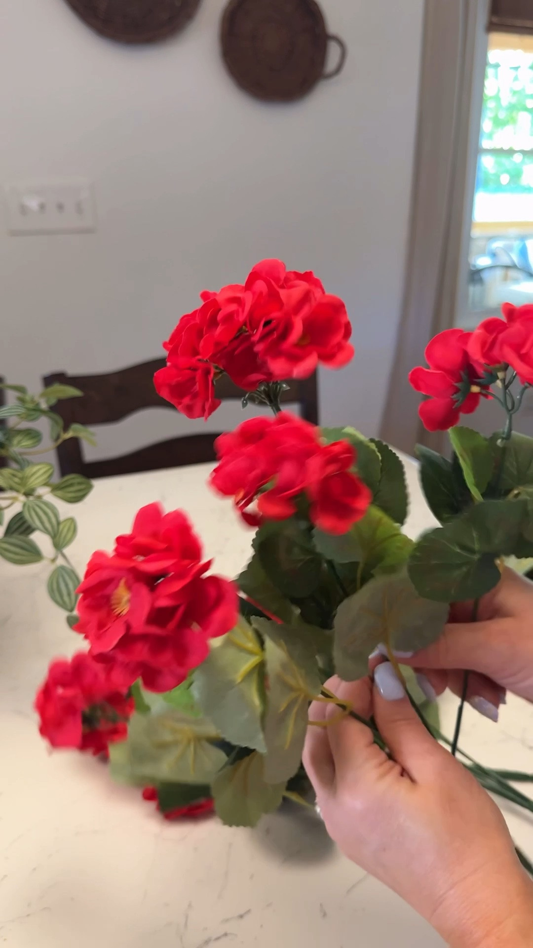 Faux geranium stems 
Set of 6 
Multiple color options 
UV resistant 
Stems are wired and shapeable for  a realistic look
I have red, pink and white

#LTKHome #LTKSeasonal #LTKmomlife