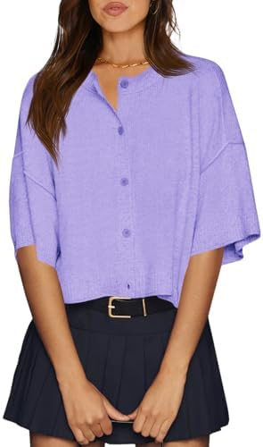 Cicy Bell Womens Half Sleeve Cardigan Sweaters Cropped Button Down Tops Oversized Lightweight Rib... | Amazon (US)