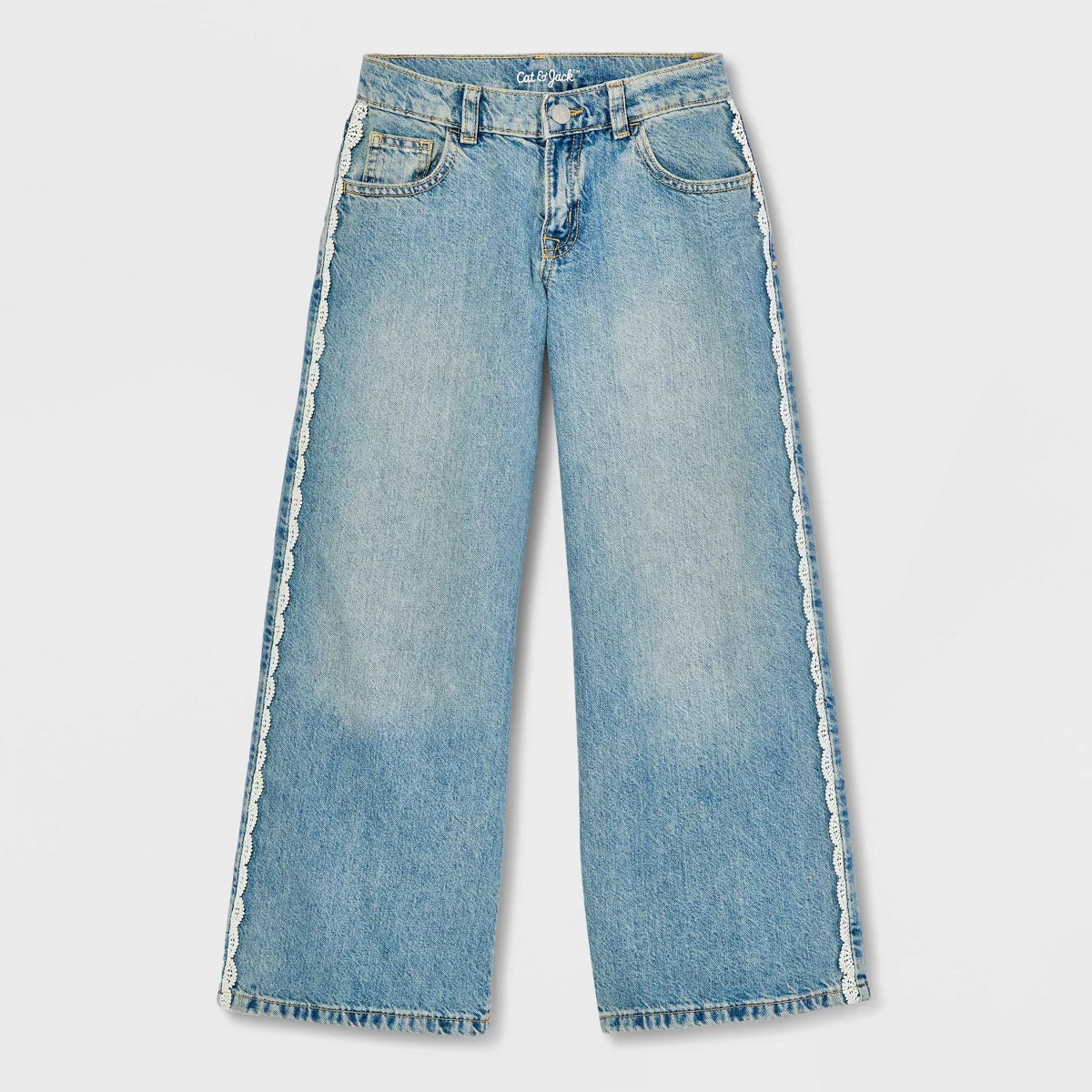 Girls' Mid-Rise Lace Trim Wide Leg Jeans - Cat & Jack™ Medium  Wash 10 | Target