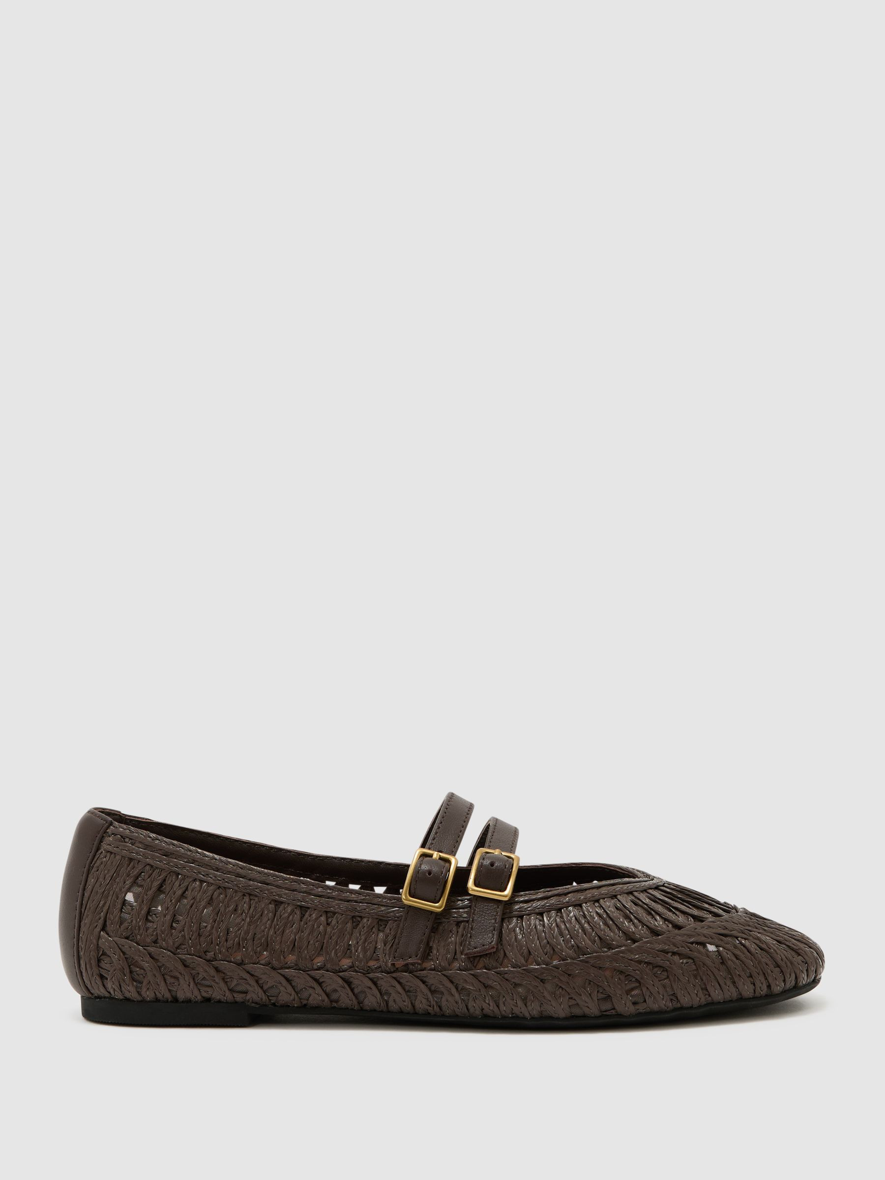 Woven Ballerina-Strap Flats in Chocolate | Reiss UK
