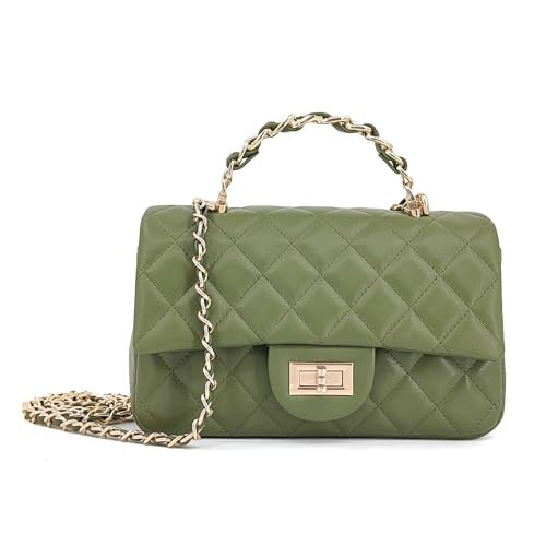 M-ioi-M Small Quilted Crossbody Bags for Women, Smooth Leather Shoulder Bags with Gold Chain Strap, Lady Classic Dressy Evening Flap Purse with Metal Top Handle, Luxury Designer Mini Handbag (Olive) | Amazon (US)