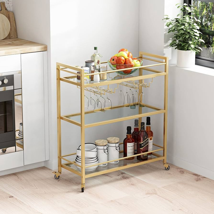 Glass Gold Bar Carts for Home with Hanging Wine Rack - Home Bar Serving Cart with 3 Mirrored Shel... | Amazon (US)