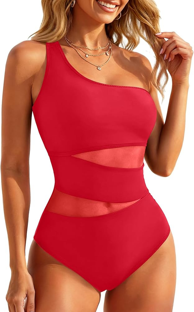 Tempt Me Women One Shoulder One Piece Swimsuits Full Coverage Cutout Mesh Sexy Bathing Suits Tumm... | Amazon (US)