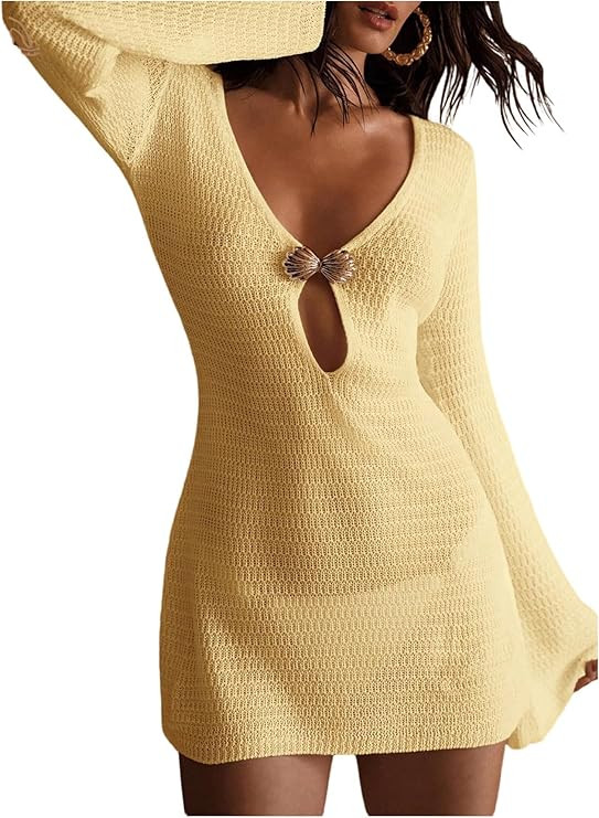 GORGLITTER Women's Crochet Swimsuit Cover Up Dress Metal Long Sleeve V Neck Beach Bikini Bathing ... | Amazon (US)