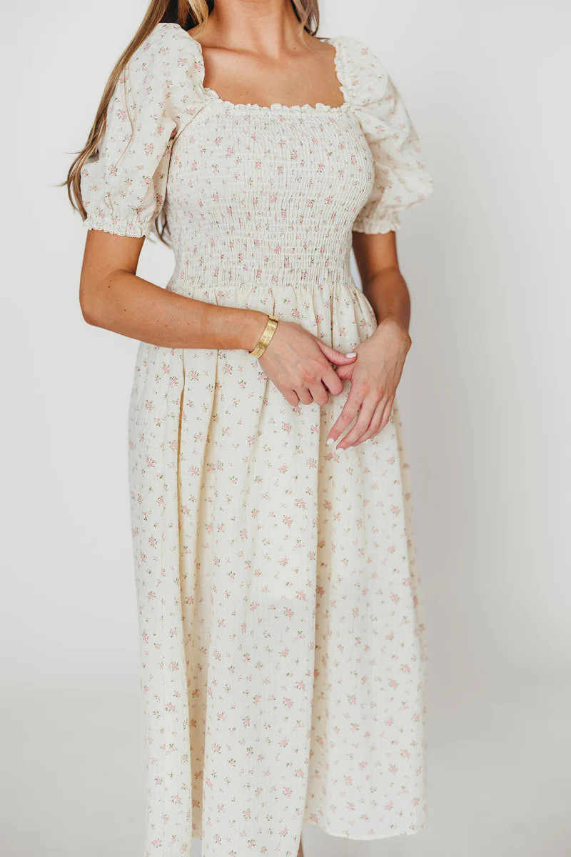 Kinsley Ditsy Floral Smocked Midi Dress in Pink | Worth Collective