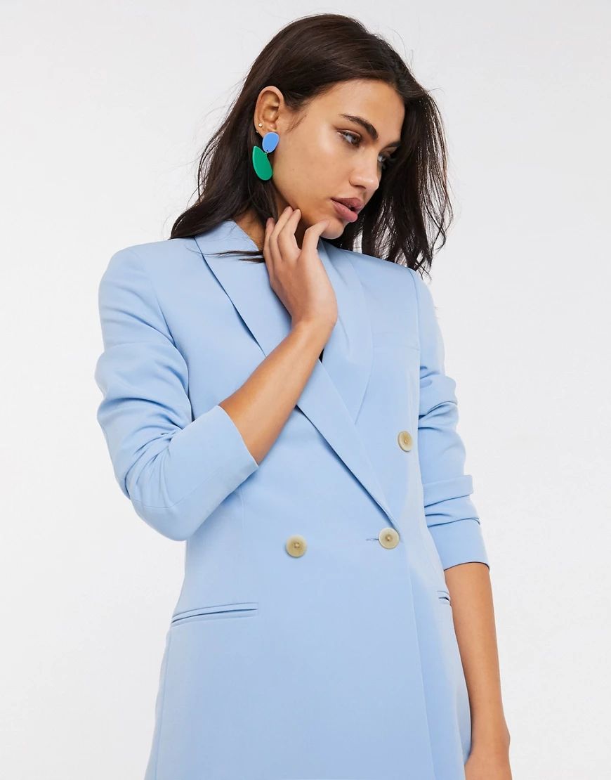 Stradivarius double breasted blazer dress in blue | ASOS (Global)