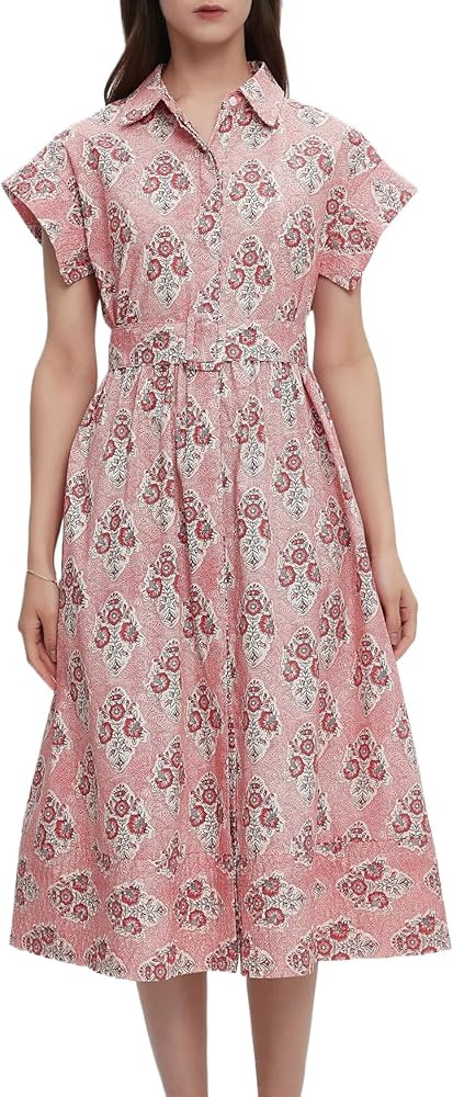 Women Summer Dresses 2025 Casual Wing Short Sleeve Button Down Midi Dress Floral Long Dress with ... | Amazon (US)