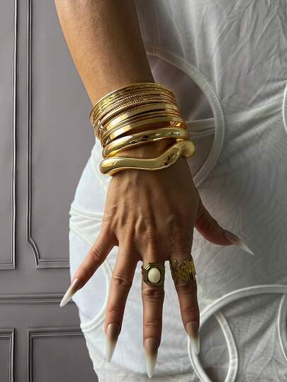16pcs Gold Color Bangle Bracelet Set, Wide Cuff Bracelets, Gift For Her | SHEIN