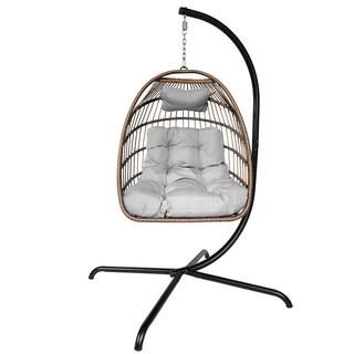 38 in. Metal Porch Swing Egg Chair Outdoor Wicker Rattan Patio Basket Hanging Chair with Cushion ... | The Home Depot