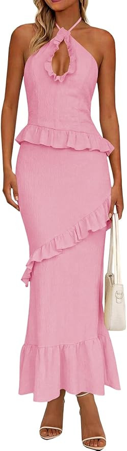 Wenrine Womens Sexy Halter Maxi Dress Cutout Sleeveless Ruffle Tassel Backless Party Club Summer ... | Amazon (US)