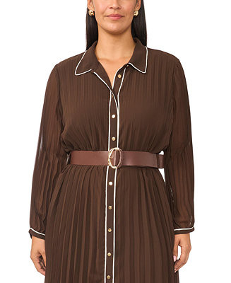 Plus Size Pleated Button-Up Long-Sleeve Midi Dress | Macy's
