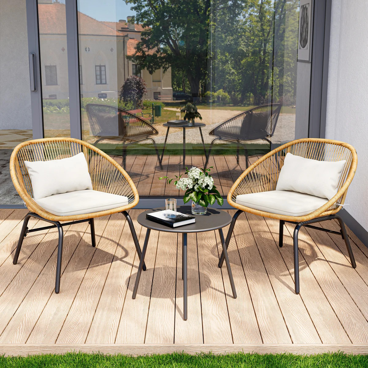 3 Piece Patio Bistro Rattan Chair & Table Set with Cushions | Wayfair North America
