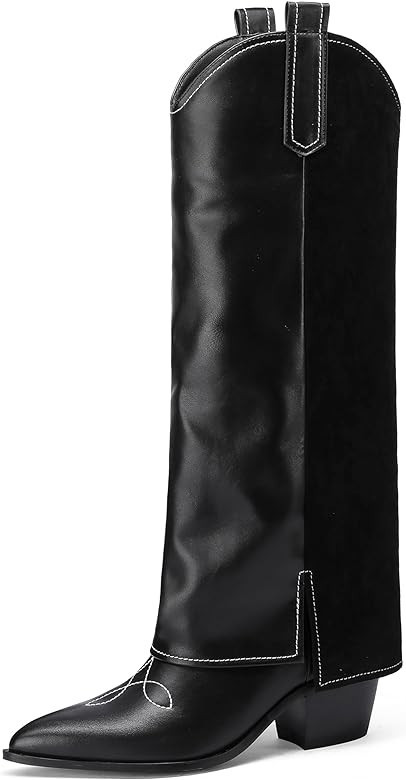 LingxiaUne Black Cowgirl Boots For Women Fashion Knee High Boots With Chunky Heels Ideal For Fold... | Amazon (US)