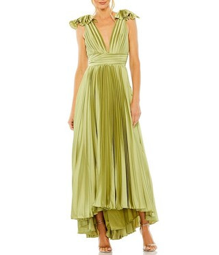 Pleated Deep V-Neck Sleeveless Shoulder Detail Asymmetrical Hem Gown | Dillard's
