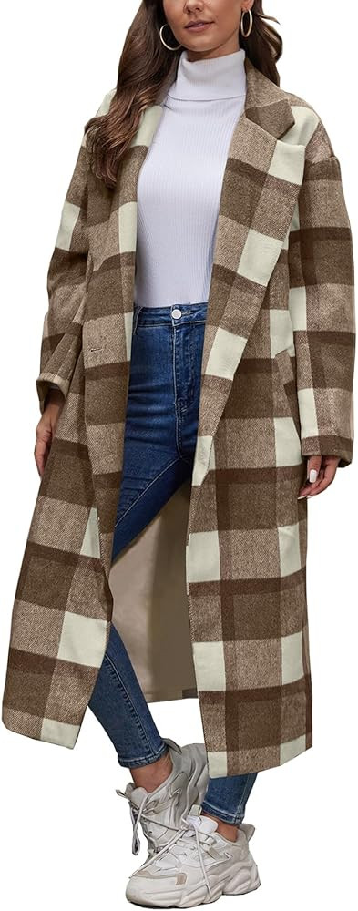 Women's Plaid Wool Coat Shacket Jacket Casual Long Sleeve Laple Button Down Flannel Trench Coats | Amazon (US)