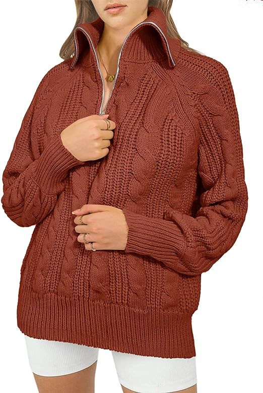 KIRUNDO Womens Oversized Sweaters 2023 Fall Trendy Long Sleeve Quarter Zipper Collar Chunky Cable... | Amazon (US)