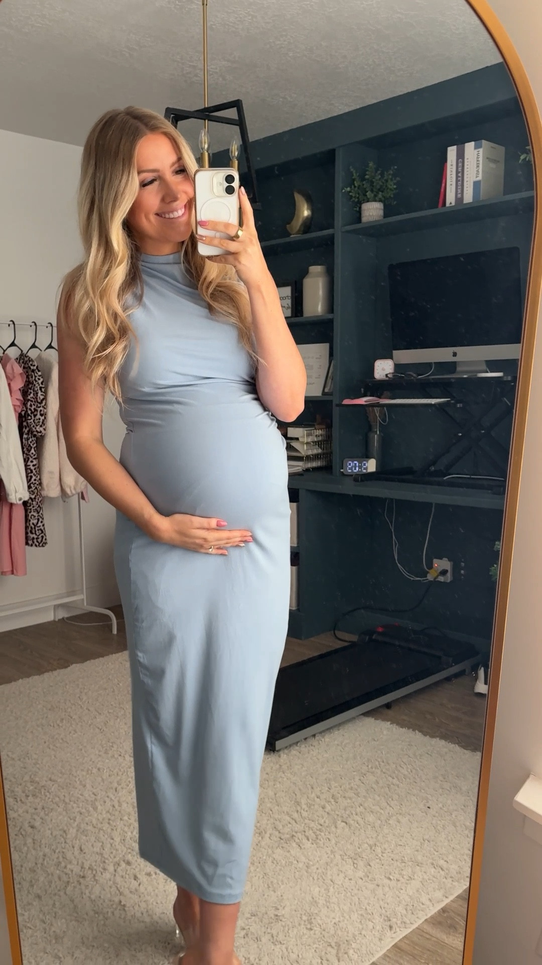blue bump friendly dress for my baby shower celebrating baby boy🩵 wearing my usual size M! the material is stretchy making it bump friendly! 
heels: true to size and comfortable 

| pregnant | bump friendly dress | baby shower outfit | womens blue dress | amazon dress | comfortable heels | clear strap heels | wedding guest outfit 

#LTKBump #LTKWedding #LTKFindsUnder100