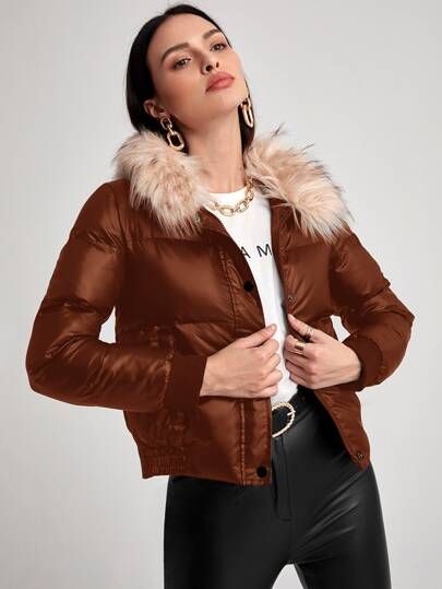 Contrast Faux Fur Collar Puffer Jacket | SHEIN