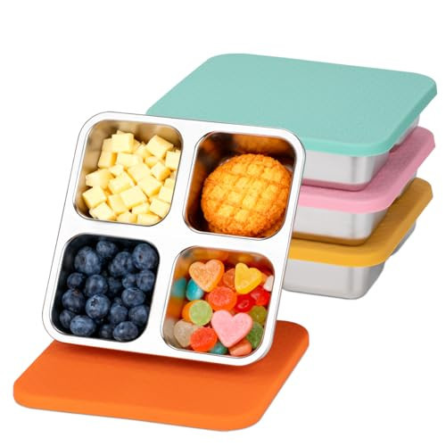 JUSTASHOW 4 Pack Stainless Steel Snack Containers with Lids, 4 Compartment Snack Container Small Lunch Box, Lunch Divided Food Storage Portion Control Meal Prep Reusable Snackle Lunchable for Work | Amazon (US)