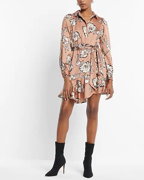 Satin Floral Print Collared Tie Waist Ruffle Mini Shirt Dress | Express