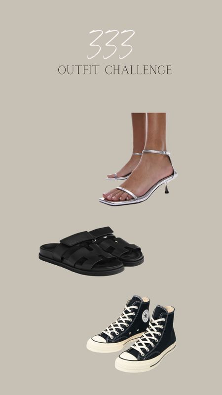 333 outfit challenge, shoe options 
Topshop silver heels
Hermes chypre sandals
Converse Chuck 70 hi-tops

#LTKshoecrush