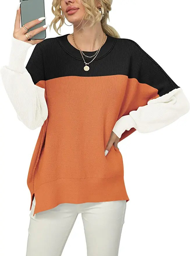 LOGENE Women's Oversized Batwing Long Sleeve Crewneck Side Slit Ribbed Knit Pullover Sweater Tops... | Amazon (US)