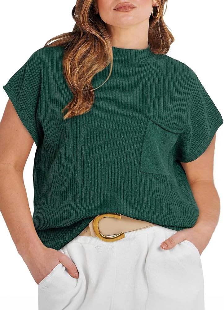 Eytino Women's Plus Size Sweater Vest Mock Neck Cap Sleeve Casual Ribbed Knit Spring Summer Tank ... | Amazon (US)