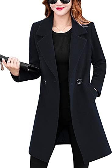 Tanming Womens Elegant Notched Collar Button Wool Blend Solid Long Pea Coat Overcoat | Amazon (US)