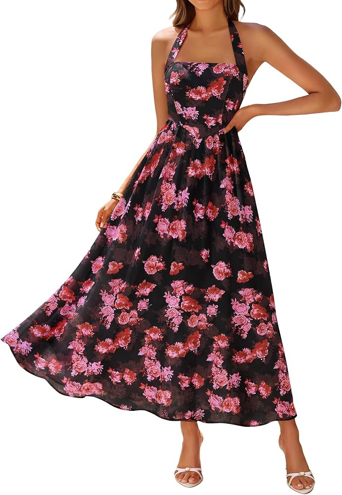 ZESICA Women's Summer Floral Halter Midi Dress 2026 Sleeveless Off Shoulder High Waist Flowy Casu... | Amazon (US)