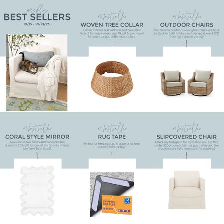 This week’s bestsellers includes a woven tree collar that comes in three stain options and two sizes, our favorite outdoor swivel chairs (now on sale!), my favorite coral style mirror, rug grippers to hold rugs jn place, and our new slipcovered swivel armchair that looks much more expensive than it is!
.
#ltkhome #ltksalealert #ltkfindsunder50 #ltkfindsunder100 #ltkstyletip #ltkseasonal #ltkholiday, ltkover40

#LTKSeasonal #LTKhome #LTKsalealert