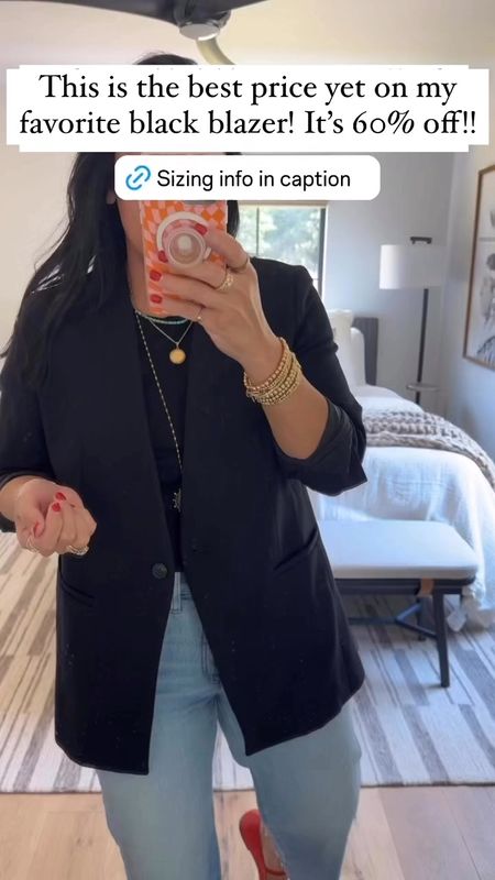 My favorite black blazer is on sale for 60% off!! It runs big so size down. I’m wearing a medium and still have room for thicker sweaters or a sweatshirt. It’s so comfortable and stretchy. Can easily be dressed up or down. T-shirt size large, jeans size 29 (I’m a size 10), shoes fit tts  

#LTKWorkwear #LTKMidsize #LTKSaleAlert