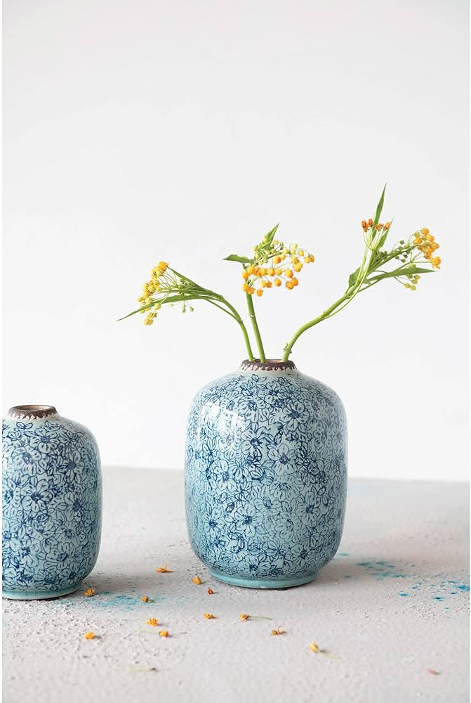 Creative Co-Op Terra-cotta Floral Pattern, Distressed Blue Vase, 5" L x 5" W x 7" H | Amazon (US)