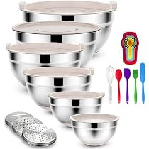 Mixing Bowls Set with Airtight Lids: 20PCS Stainless Steel Nesting Bowls - Size 7, 4, 3, 2, 1.5, 1QT Bowls with 3 Grater Attachments & Non-Slip Bottoms for Baking & Prepping | Amazon (US)