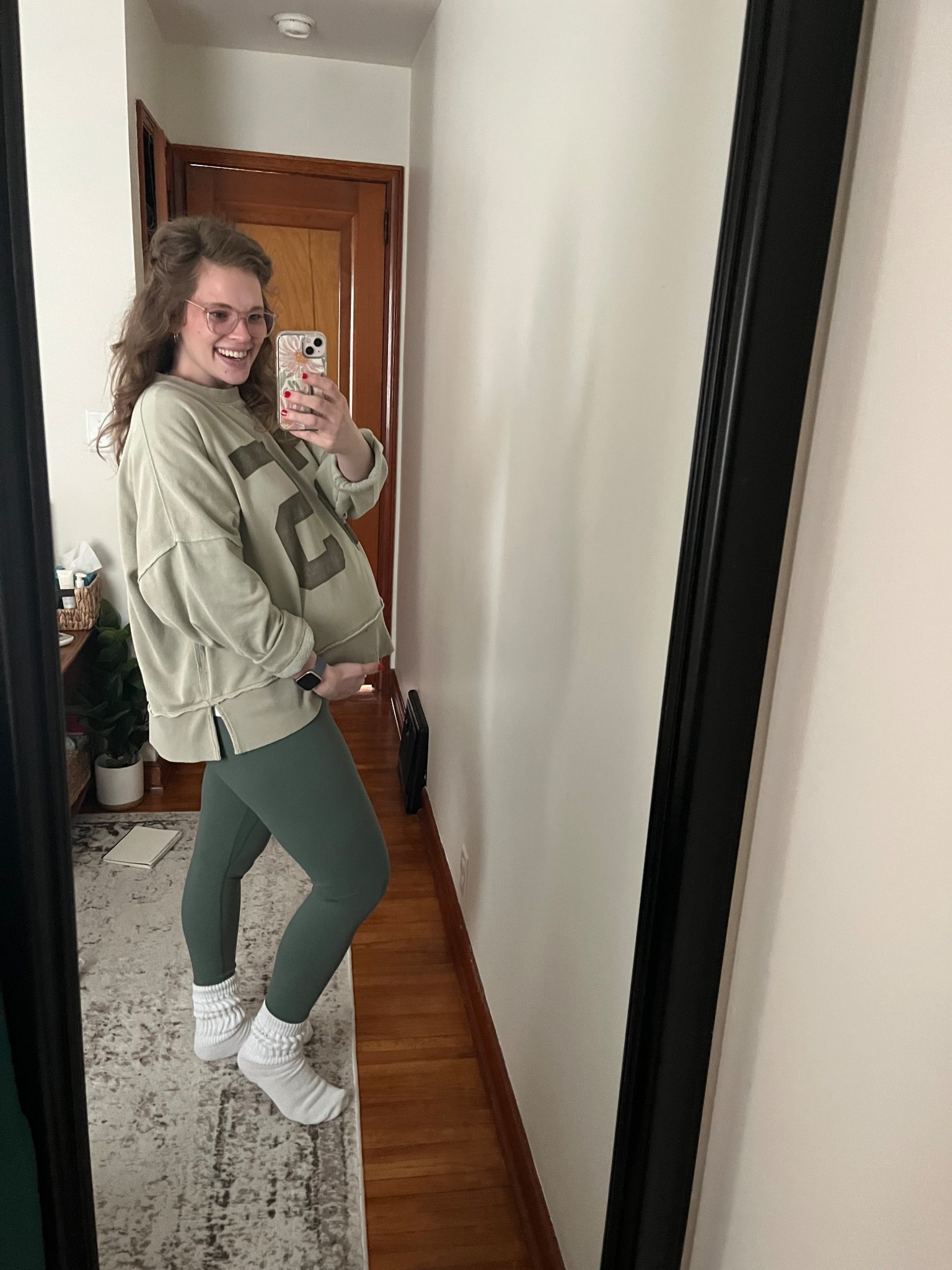 I’ve repeated this outfit many times! Lol 

Large in sweatshirt, medium in leggings, and large in shirt! Love these slouchy socks and then pair with tennis shoes or cozy boots! 