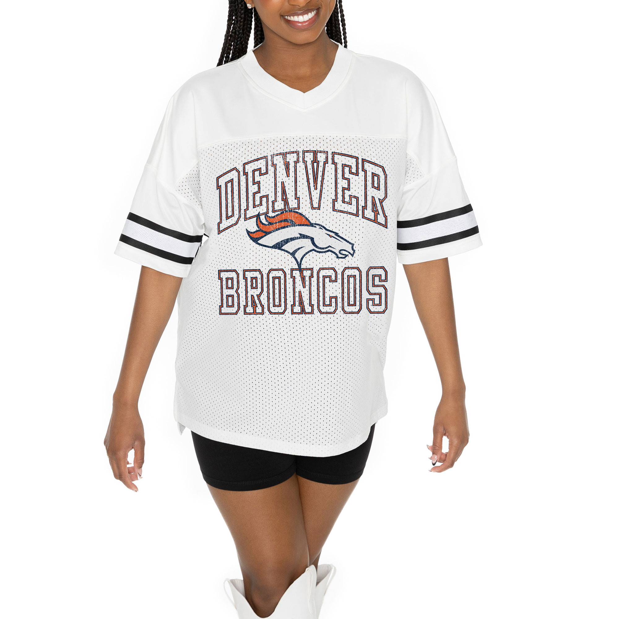Women's Gameday Couture White Denver Broncos Oversized Sporty Mesh V-Neck Top | Fanatics