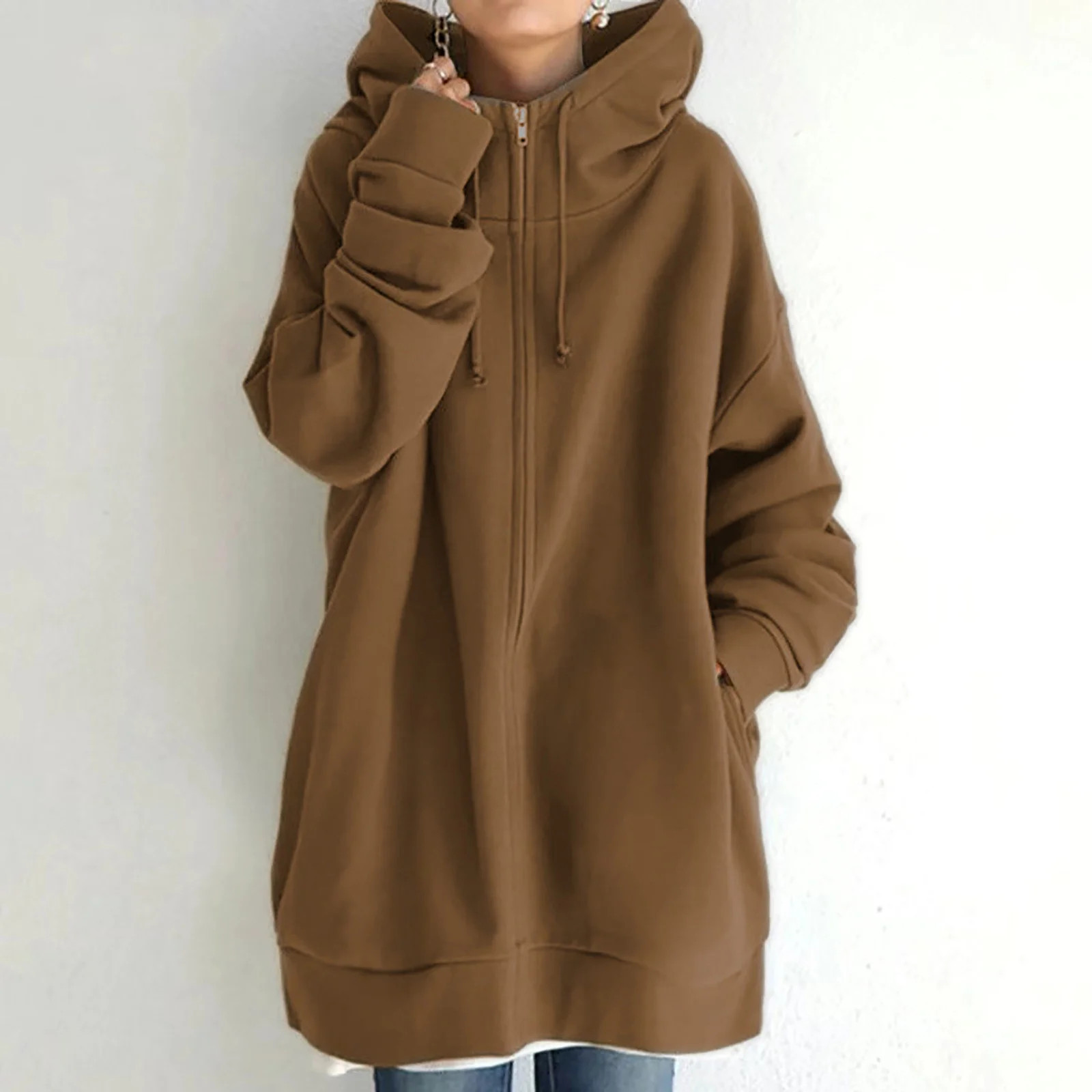 Patlollav Womens Solid Color Hoodie Zipper Sweatshirts Long Coat Tops | Walmart (US)