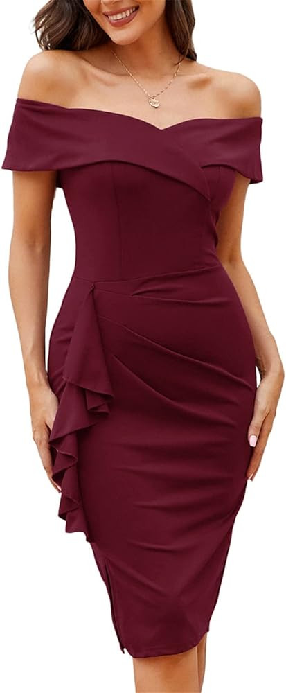 JASAMBAC Women's Off Shoulder V Neck Ruched Bodycon Midi Elegant Cocktail Party Dress Wedding Gue... | Amazon (US)