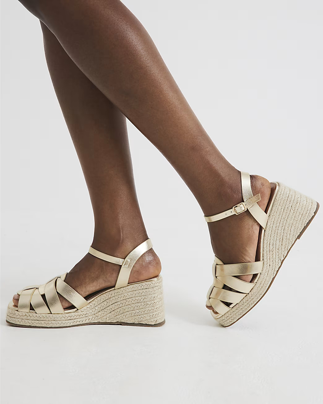 Gold Wide Fit Woven Wedge Sandals | River Island UK & IE