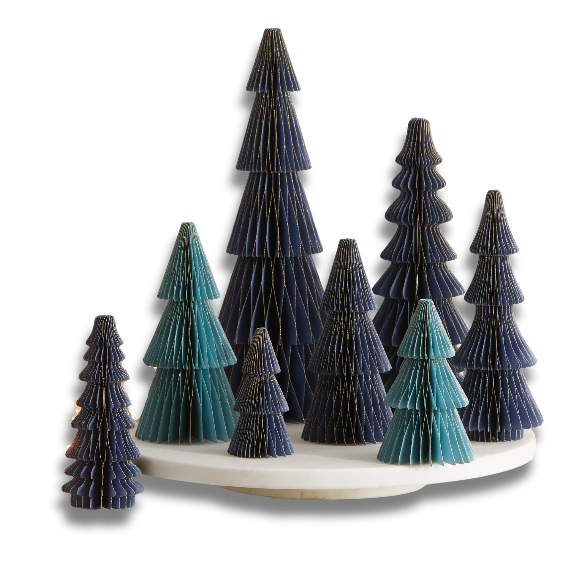 Honeycomb Paper Tree Set of 8 Blue Christmas Mantel, Tabletop Tree Gold Glitter Edging, Flat-Fold... | Amazon (US)