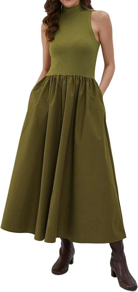 Sleeveless Maxi Dress for Women Patchwork Turtleneck Pullover Dresses with Pockets Casual Plain F... | Amazon (US)